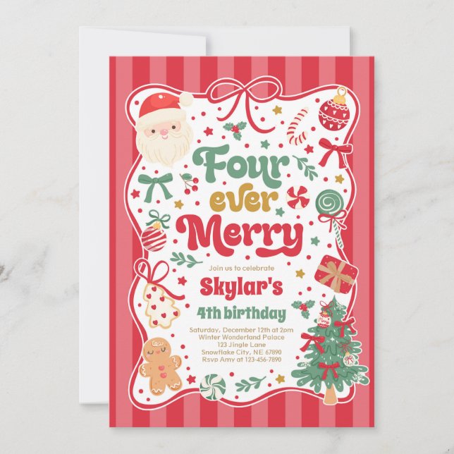Invitación Four Ever Merry Christmas Bow 4th Birthday (Anverso)