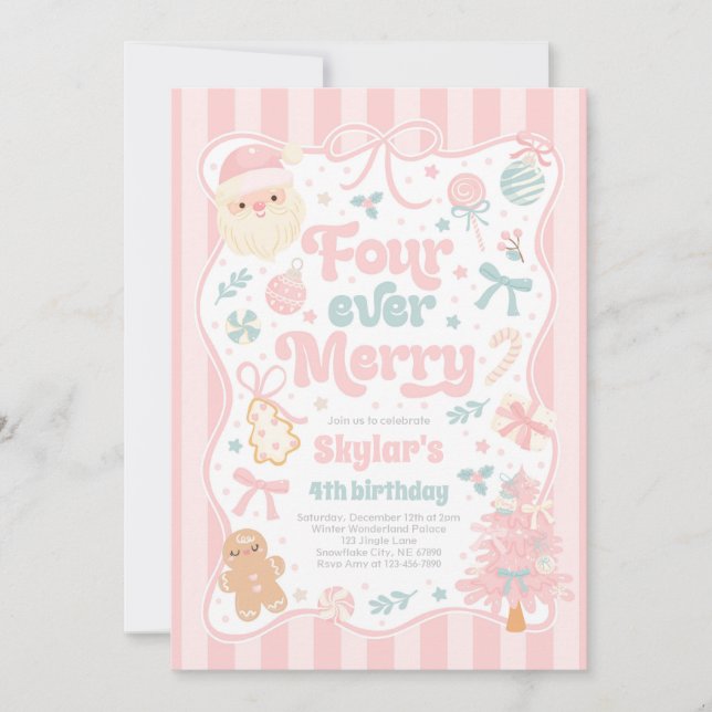 Invitación Four Ever Merry Christmas Bow 4th Birthday (Anverso)