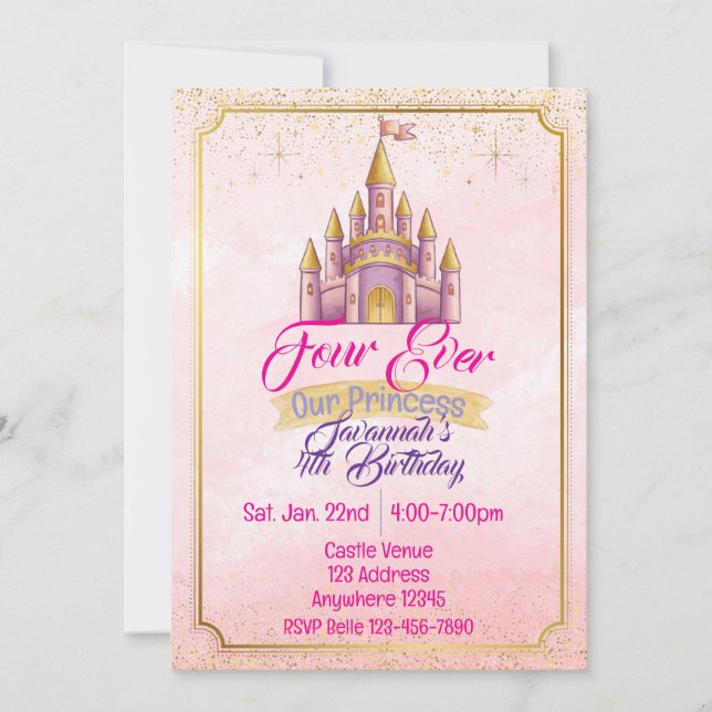 Invitación Four Ever Our Princess Purple Gold Castle Birthday (Anverso)
