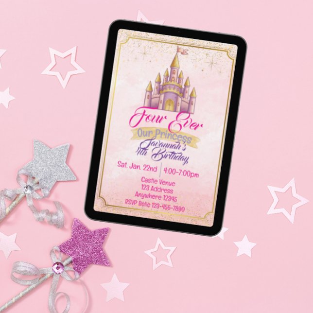 Invitación Four Ever Our Princess Purple Gold Castle Birthday (Subido por el creador)