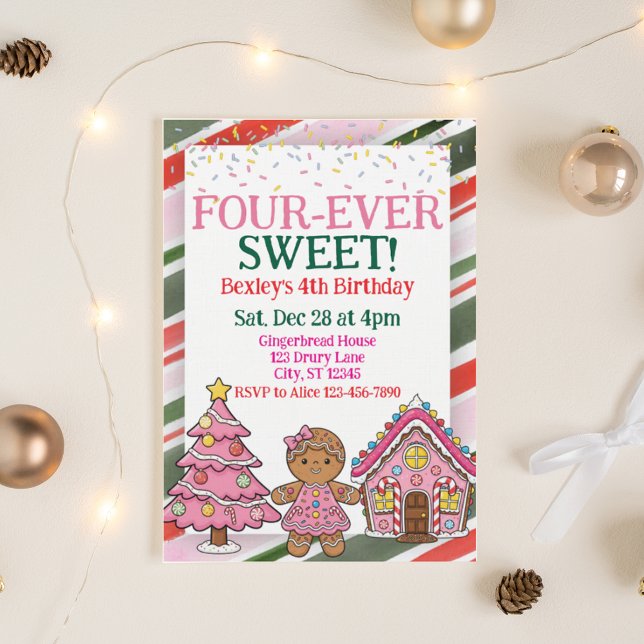 Invitación Four-Ever Sweet, Pink Gingerbread 4th Birthday (Subido por el creador)