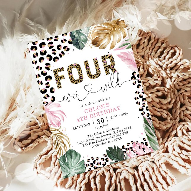 Invitación Four Ever Wild Leopard Girl 4th Birthday (Subido por el creador)