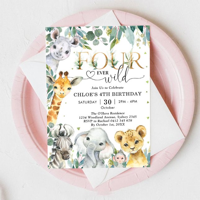 Invitación Four Ever Wild Party Animals Boy 4th Birthday (Subido por el creador)