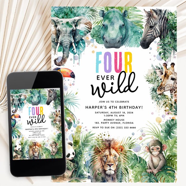 Invitación Four Ever Wild Safari Animals Cool 4th Birthday (Subido por el creador)