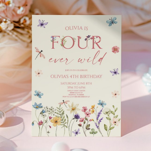 Invitación Four Ever Wild Wildflower 4th Birthday Party (Subido por el creador)