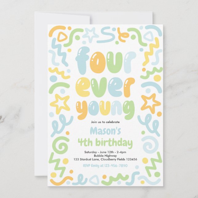 Invitación Four Ever Young Confetti Balloon 4th Birthday  (Anverso)
