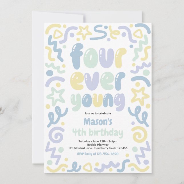 Invitación Four Ever Young Confetti Balloon 4th Birthday  (Anverso)