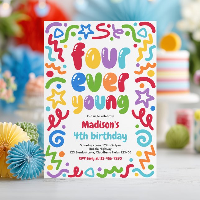 Invitación Four Ever Young Confetti Balloon 4th Birthday  (Subido por el creador)
