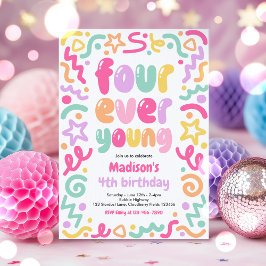 Invitación Four Ever Young Confetti Balloon 4th Birthday