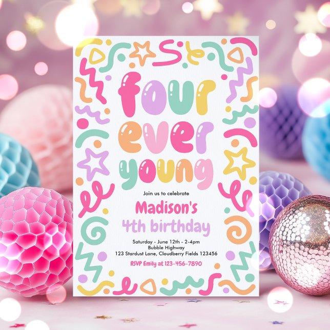 Invitación Four Ever Young Confetti Balloon 4th Birthday  (Subido por el creador)
