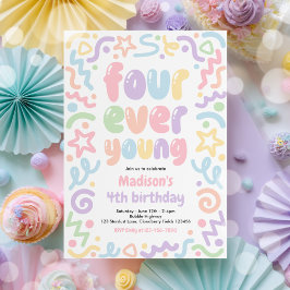 Invitación Four Ever Young Confetti Balloon 4th Birthday