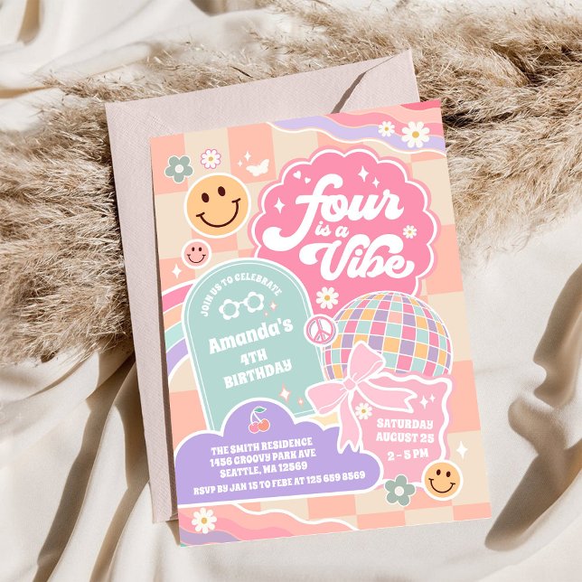 Invitación Four Is A Vibe Cloud Rainbow Disco 4th Birthday (Subido por el creador)