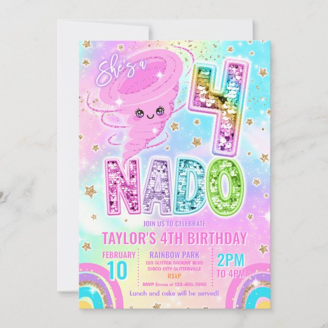 Invitación Four Nado Rainbow Glitter 4th Birthday Party  (Anverso)