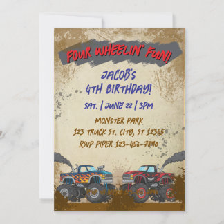 Invitación Four Wheelin' Fun Monster Truck Birthday 