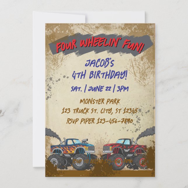 Invitación Four Wheelin' Fun Monster Truck Birthday  (Anverso)