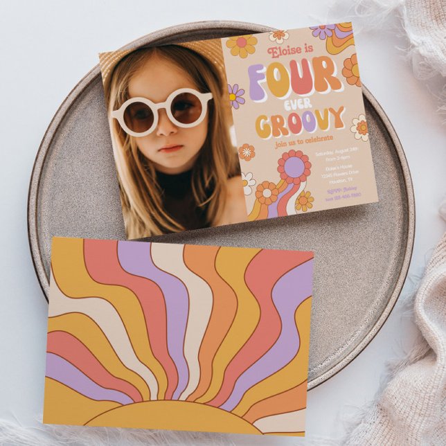 Invitación Fourever Groovy Photo Invitation | 4 cumpleaños (Subido por el creador)
