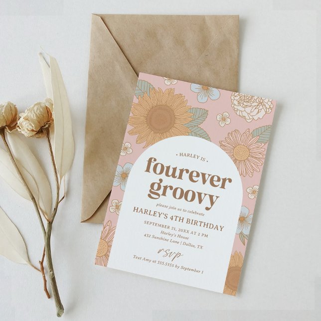 Invitación Fourever Groovy Retro Floral 4º cumpleaños (Subido por el creador)