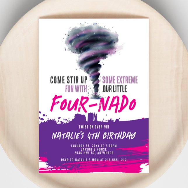 Invitación Fournado Twister Tornado Pink Purple Cumpleaños (Fournado Twister Tornado Pink Purple Birthday Invitation)