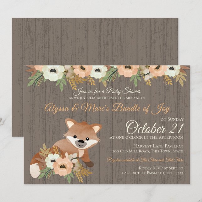 Invitación Fox Autumn Floral Woodland Baby Shower (Anverso / Reverso)
