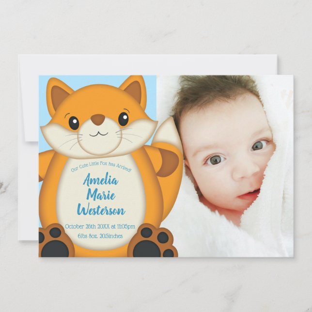 Invitación Fox Baby Shower Blue Woodland (Anverso)