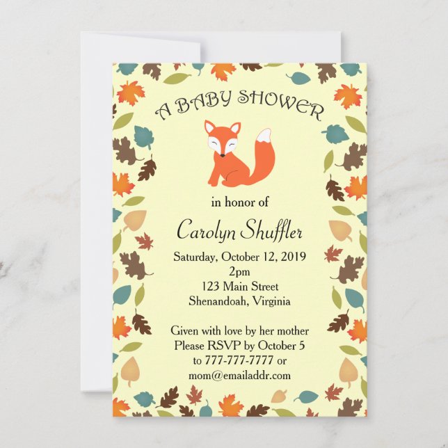 Invitación Fox Baby Shower del arbolado de las hojas de otoño (Anverso)