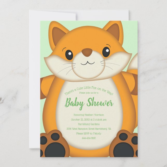 Invitación Fox Baby Shower Green (Anverso)