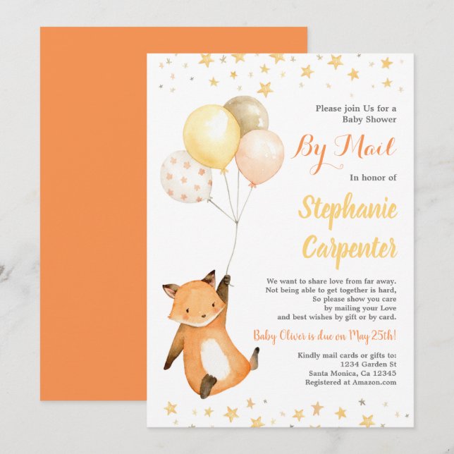 Invitación Fox Baby Shower por correo (Anverso / Reverso)