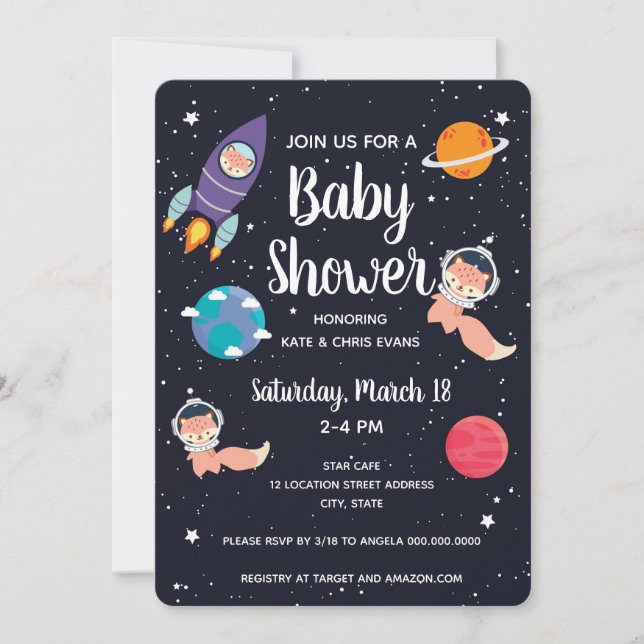 Invitación Fox Baby Shower Space Navy Galaxy Baby Shower (Anverso)