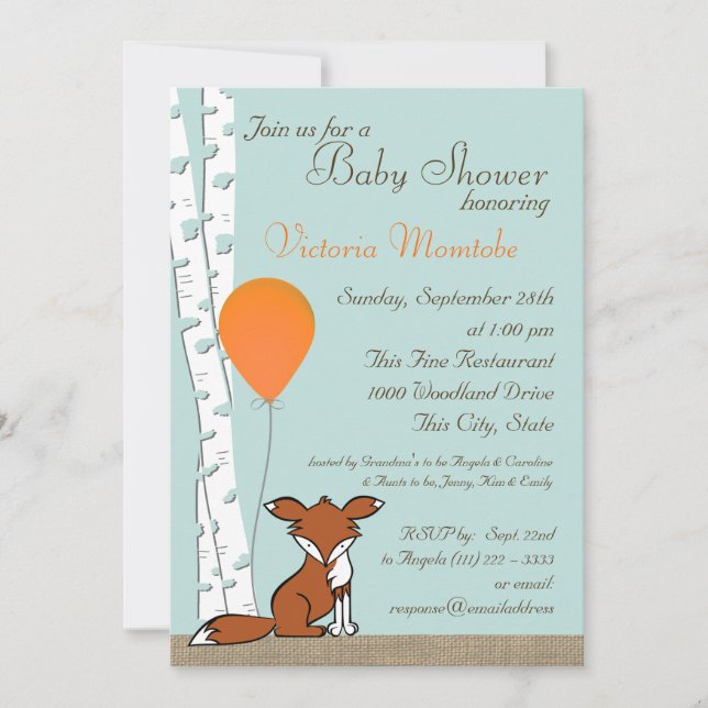 Invitación Fox Balloon y Birch Woodland Baby Shower (Anverso)