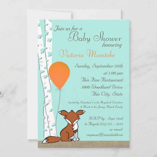 Invitación Fox Balloon y Birch Woodland Baby Shower (Anverso)
