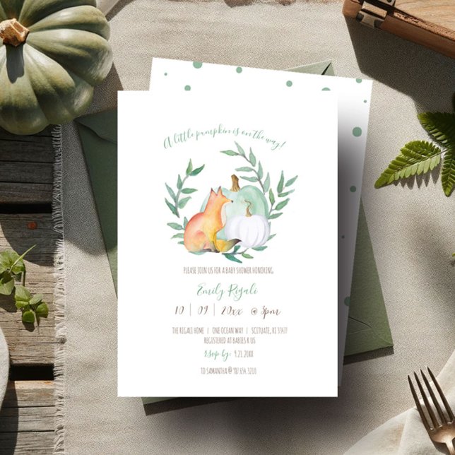 Invitación Fox con tema de otoño y Baby Shower de calabaza (Gender neutral baby shower invitations fall woodland fox green and what pumpkin greenery watercolor)