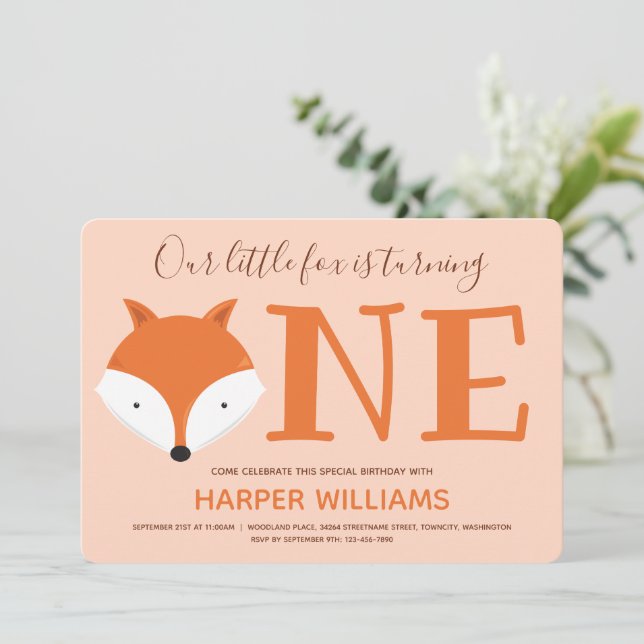 Invitación Fox cumple un primer cumpleaños (Anverso de pie)
