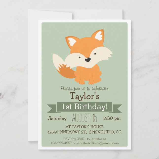 Invitación Fox de Bebé, Fiesta de Cumpleaños de Animal Woodla (Anverso)