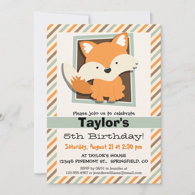 Invitación Fox de Woodland; Green de Sage, Naranja, Stripes M (Anverso)