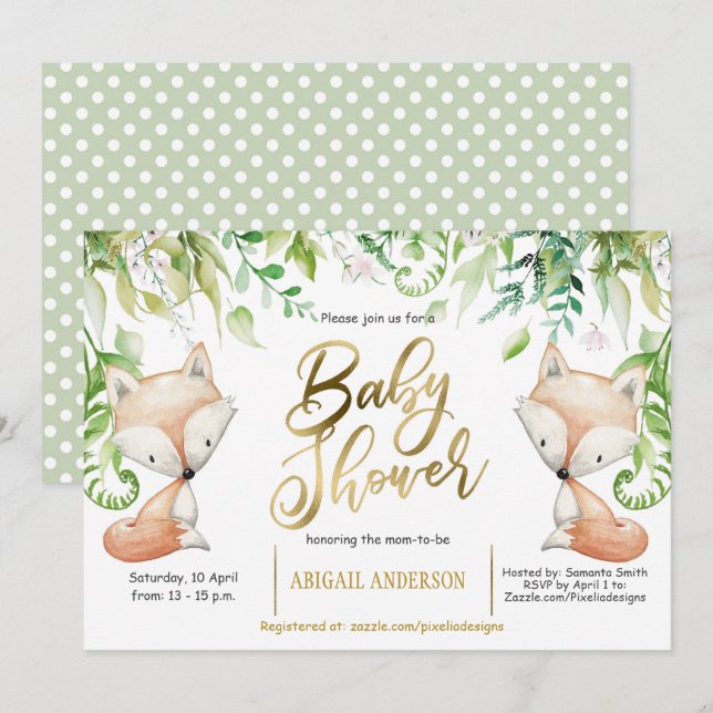 Invitación Fox de Woodland, Green, Faux Gold Baby Shower (Anverso / Reverso)