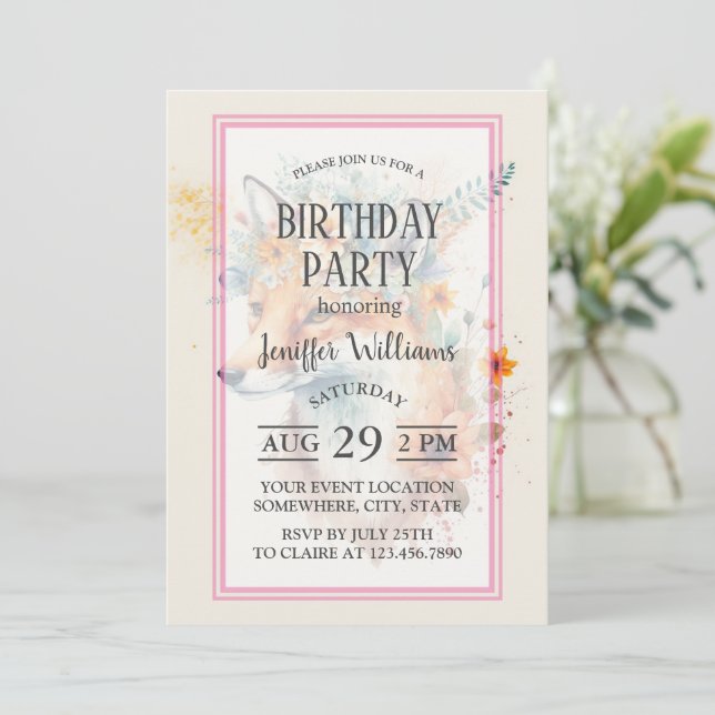 Invitación Fox Flower Crown Watercolor                        (Anverso de pie)