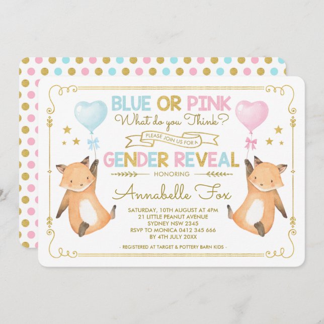 Invitación Fox Gender Revelar Baby Shower Blue Pink Gold (Anverso / Reverso)
