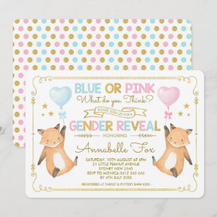 Invitación Fox Gender Revelar Baby Shower Blue Pink Gold