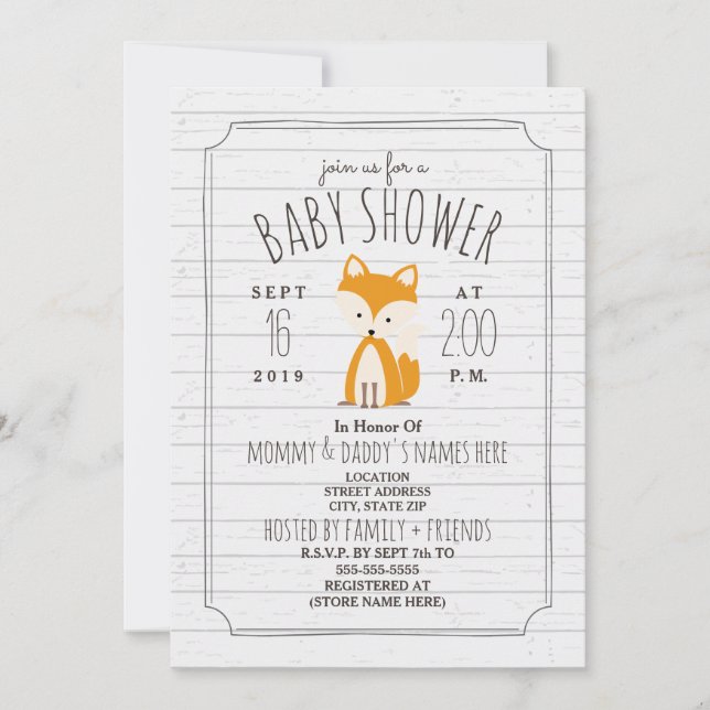 Invitación Fox Gray Wood Baby Shower (Anverso)