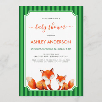 Invitación Fox Mama and Baby Shower Green Stripes Cute