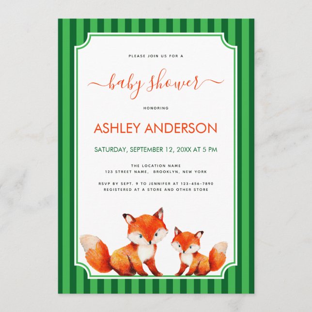 Invitación Fox Mama and Baby Shower Green Stripes Cute (Anverso)
