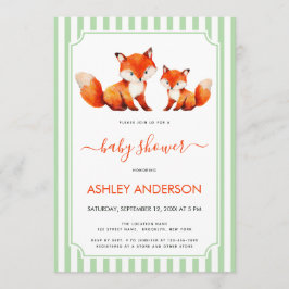 Invitación Fox Mama and Baby Shower Pale Green Stripes Cute