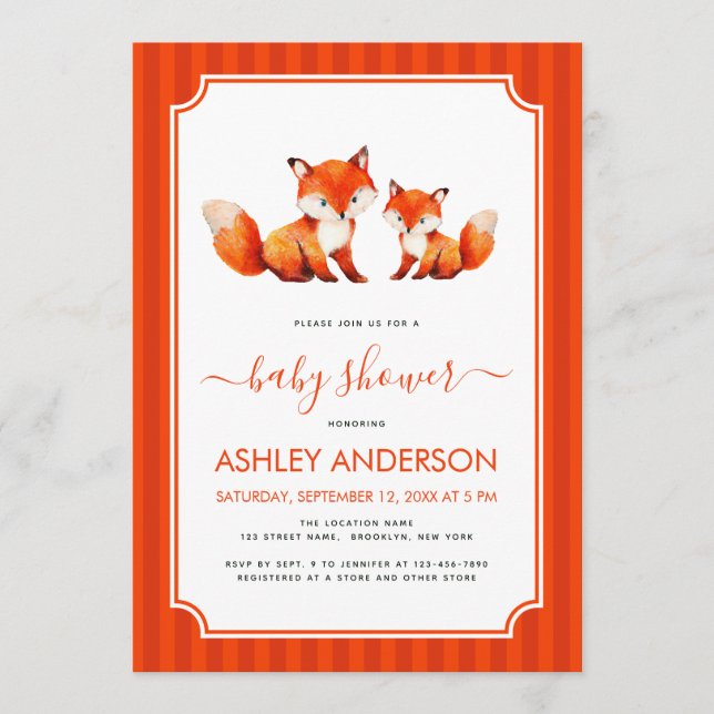 Invitación Fox Mama and Baby Shower Watercolor & Red Stripes (Anverso)