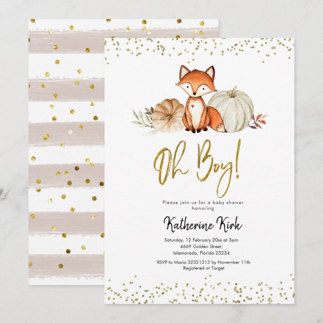 Invitación Fox Oh Boy Fall Pumpkin Baby Shower (Anverso / Reverso)