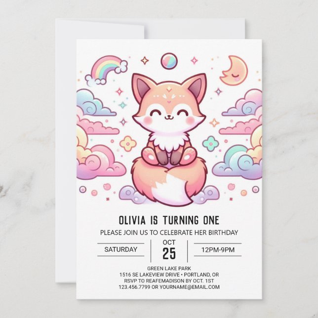 Invitación Fox Simple Encantada Primer Cumpleaños (Anverso)