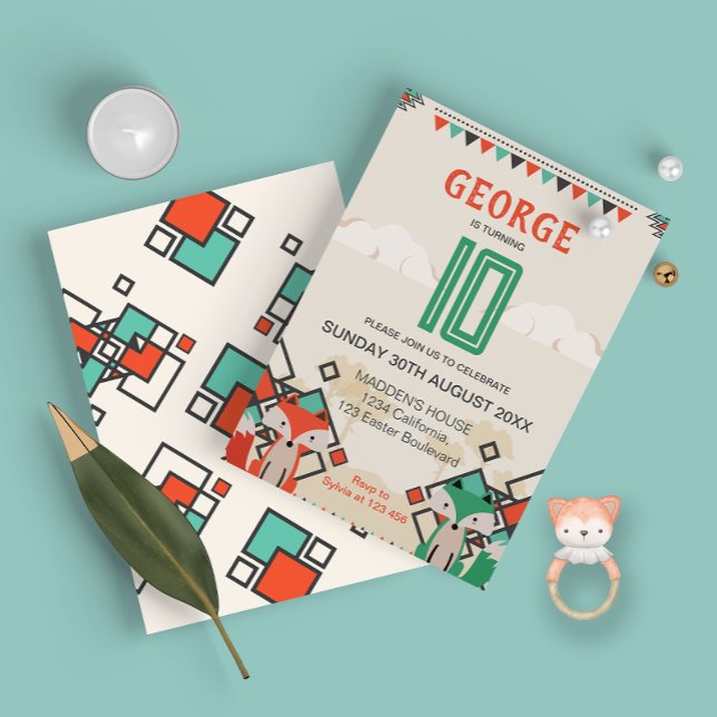 Invitación Fox tribal, formas geométricas coloridas Cumpleaño (Tribal Fox, Colorful Geometric Shapes Birthday Invitation)