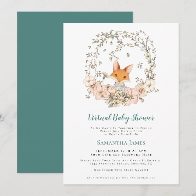 Invitación Fox Vintage Foliage Turquoise Virtual Baby Shower (Anverso / Reverso)