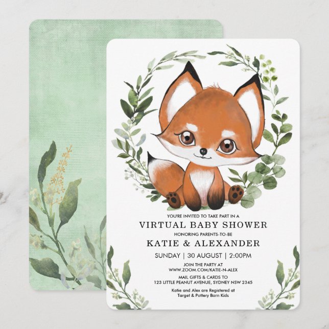 Invitación Fox Virtual Baby Shower Por Mail Woodland Greenery (Anverso / Reverso)