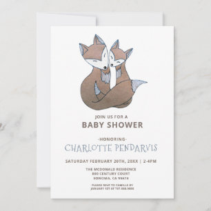 Invitación Fox Watercolor Baby Boy Blue Baby Shower
