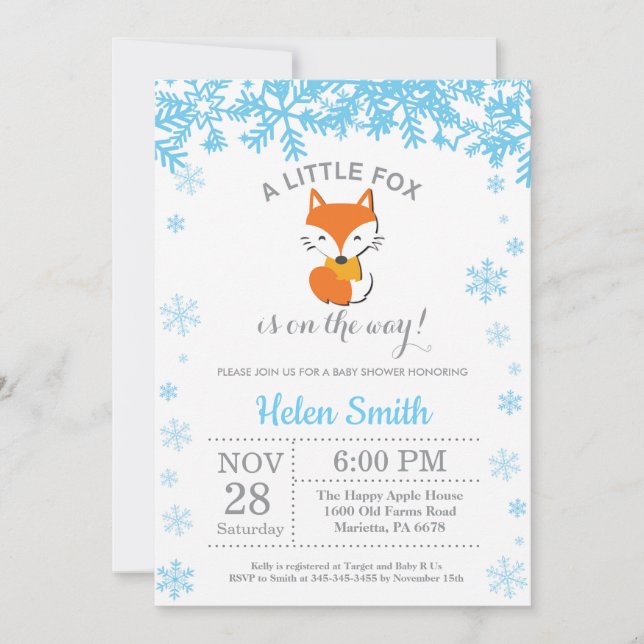 Invitación Fox Winter Blue Boy Baby Shower Snowflake (Anverso)